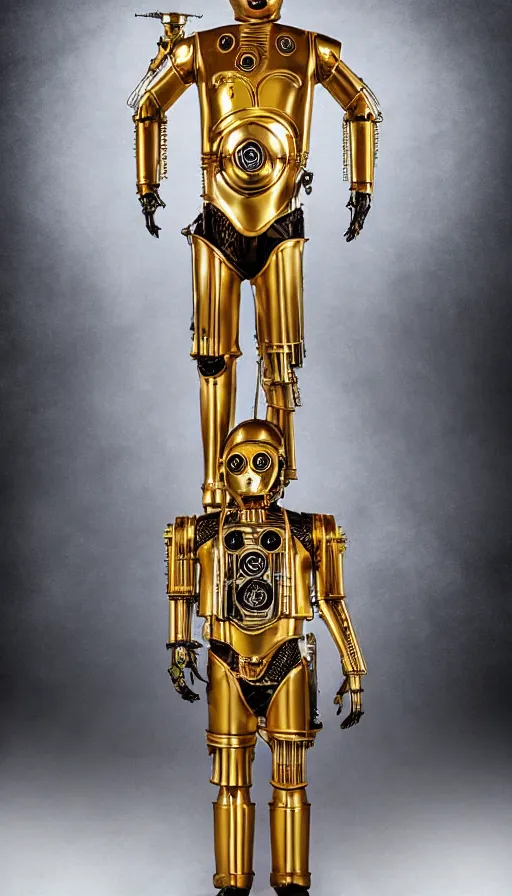 Image similar to steampunk version of c 3 po, promotional photo, studio lighting