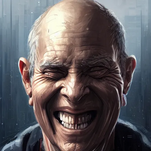 Image similar to Portrait of a man by Greg Rutkowski, symmetrical face, an old man using a VR Headset covering his eyes, Kubric Stare, crooked and uncanny smile smile, highly detailed portrait, scifi, digital painting, artstation, book cover, cyberpunk, concept art, smooth, sharp foccus ilustration, Artstation HQ