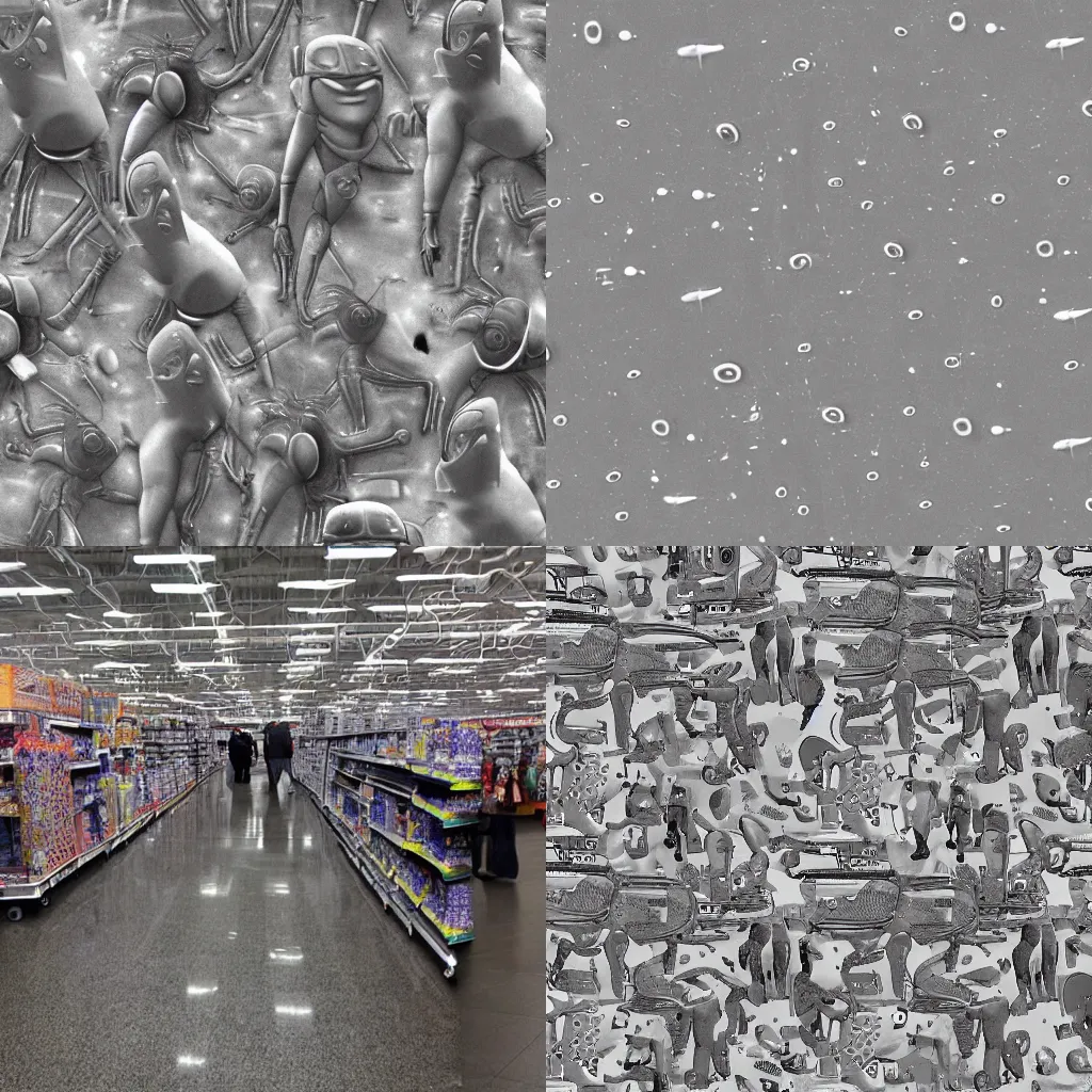 Prompt: Grey martian cause chaos in the aisles of walmart real photo aliens martians