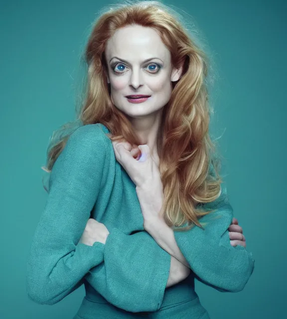 Prompt: beautiful portrait photo of Heather Graham, symmetric face, symmetric eyes, slight smile, photo by Annie Leibovitz, 85mm, teal studio backdrop, Getty images