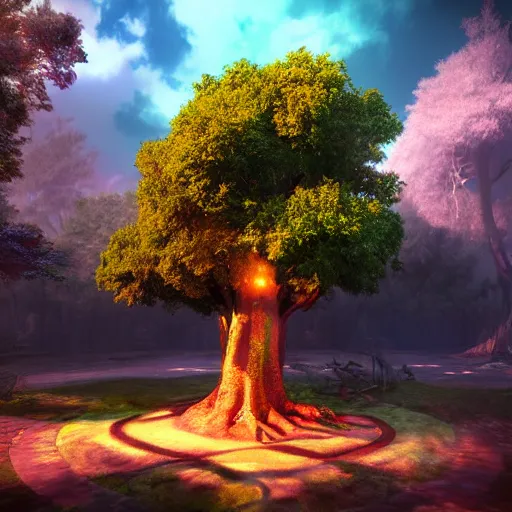 Image similar to The tree of the knowledge of good and evil, photorealistic, fantasy, unreal engine, colorful, cinematic