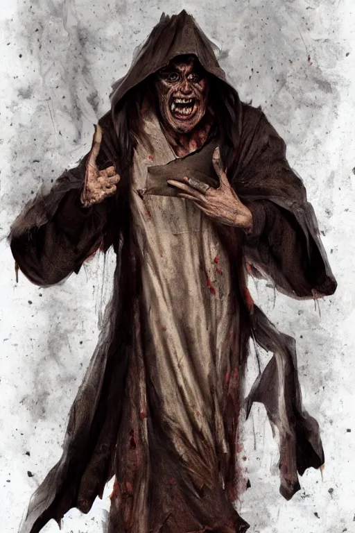 Image similar to A deranged filthy man looking like Willem Dafoe wearing long dark damaged ripped robes holding a magic paper scroll, long fingernails, unclipped fingernails, sharp fingernails, focus on face, sharp focus, digital painting, trending on artstation, concept art, fantasy, medieval, D&D