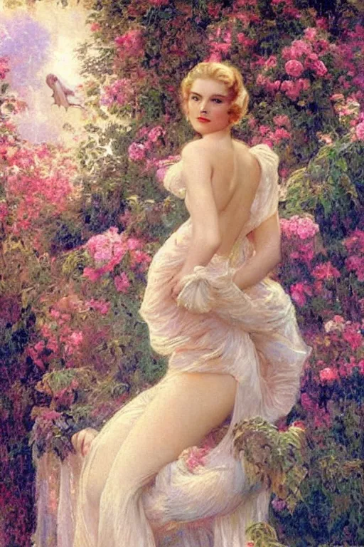 Prompt: A young and extremely beautiful Grace Kelly explaining the birds and the bees in the style of Gaston Bussière, art nouveau, art deco, surrealism. Extremely lush detail. Perfect composition and lighting. Very surreal flowers and animals and setting. Sultry.