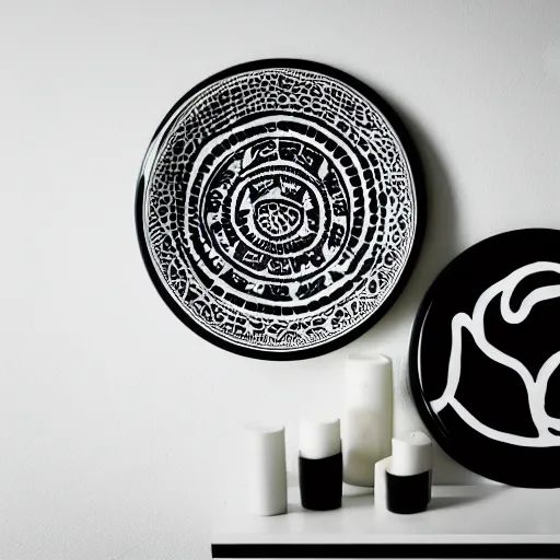 Prompt: professional photograph of a black plate hanging in the middle of a white wall, tribal symbols painted behind, black an white, depth of field, dark illumination