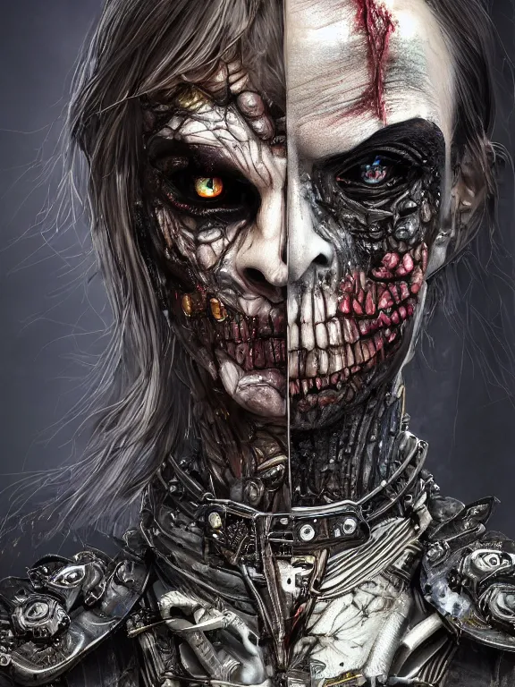 Prompt: portrait art of 8k ultra realistic undead two face witch, detailed intricate ornate armour,decaying, cybernetic, full of colour, cinematic lighting, battered, trending on artstation, 4k, hyperrealistic, focused, extreme details,unreal engine 5, cinematic, masterpiece, art by ayami kojima, giger