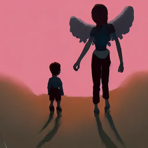 Image similar to Angel protecting child by james gilleard, very detailed, deviantart, artstation