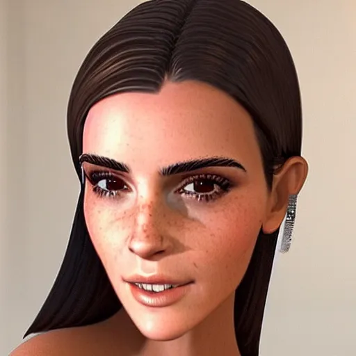 Image similar to a woman who is a genetic combination of kim kardashian and emma watson face and upper - body focus