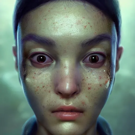 Image similar to alien brood starting to erupt from a pretty young woman's face, hyper detailed, digital art, trending in artstation, cinematic lighting, studio quality, smooth render, unreal engine 5 rendered, octane rendered, art style by klimt and nixeu and ian sprigger and wlop and krenz cushart.