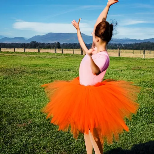 Image similar to a carrot in a tutu dancing the macarena on a wooden fence pole with pasture in the background