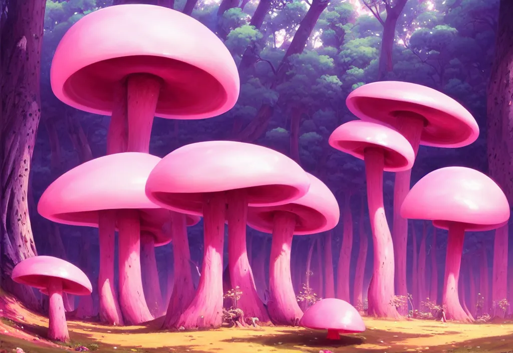 Prompt: futuristic giant pink mushrooms in a forest, intricate oil painting, high detail illustration, sharp high detail, manga and anime 1 9 9 9, official fanart behance hd artstation by jesper ejsing and makoto shinkai, 4 k,