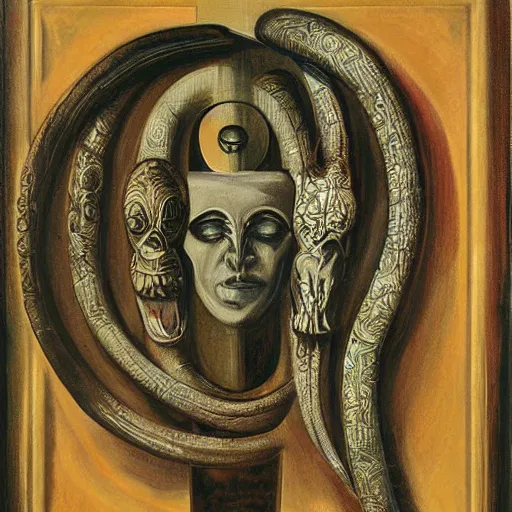 Image similar to a painting of the rod of asclepius by h. r. giger