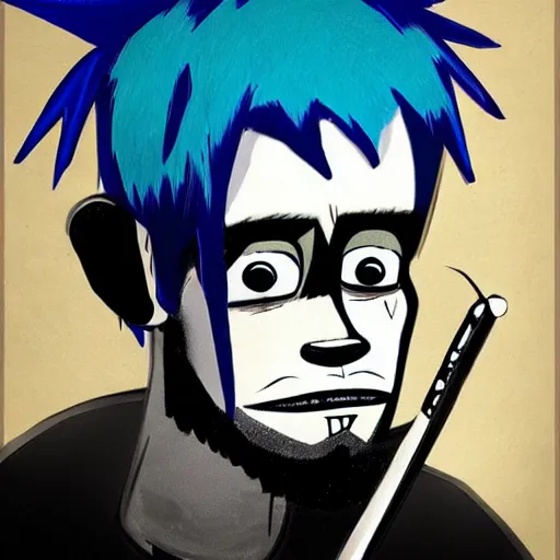 Prompt: a man with messy blue hair and all - black eyes, portrait, gorillaz style, jamie hewlett