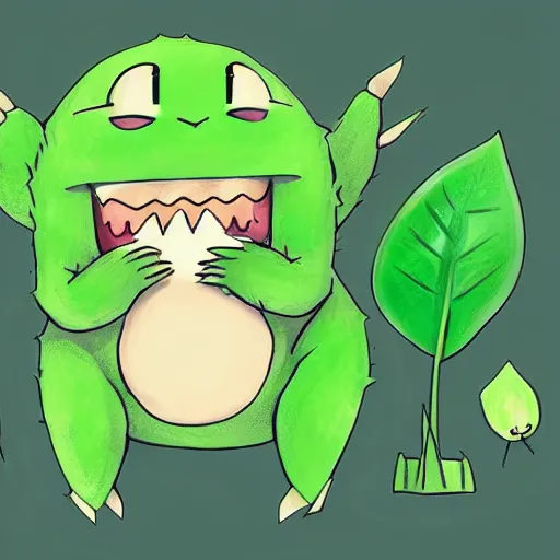 Prompt: a cute little green monster holding leaves, digital art, award - winning illustration, pokemon style