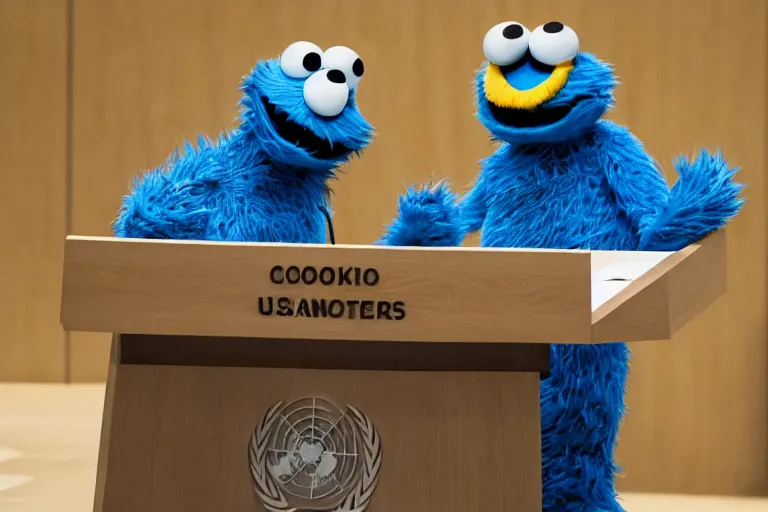 Image similar to Cookie Monster gives a talk at the UN, stood at the podium