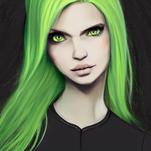 Image similar to long shot of blonde girl in black top clothing with green eyes, digital art, trending on artstation