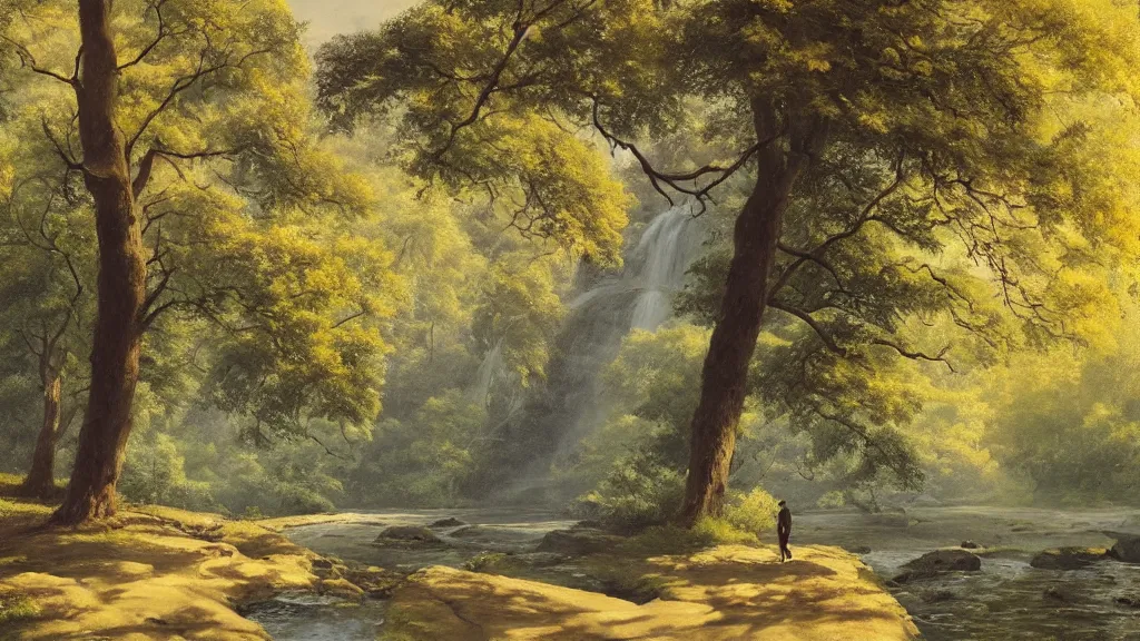 Image similar to A beautiful landscape oil painting of a hill with trees, a person is walking trhough the river and anoter person is sitting under a tree, the summer has arrived and the trees are almost dry, covered with yellow-greenish leafs, the river and the waterfall have almost no water, the river has lots of dark grey rocks, by Greg Rutkowski