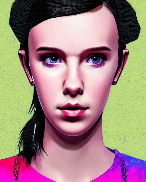 Image similar to digital art portrait of cyberpunk millie bobby brown