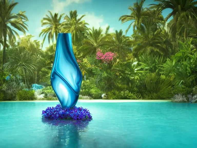 Image similar to perfume bottle standing in a desert oasis in deep blue pond water surrounded by tropical flowers by zaha hadid ; octane highly render, 4 k, ultra hd, 2 0 0 mm, mute dramatic colours, soft blur outdoor stormy sea background, illuminated lighting