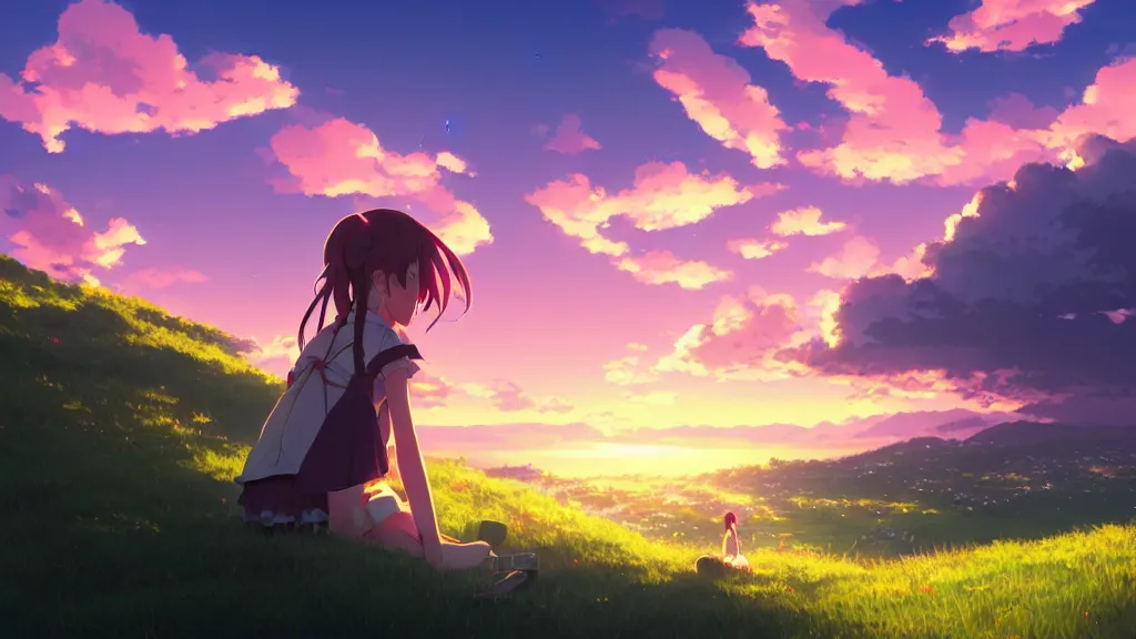 Prompt: a schoolgirl girl sat on the hillside and looked sky, dusk sky, beautiful sunset glow, large clouds, rich vivid colors, ambient lighting, dynamic lighting, official media, anime key visual, detailed, artwork by makoto shinkai, rossdraws.