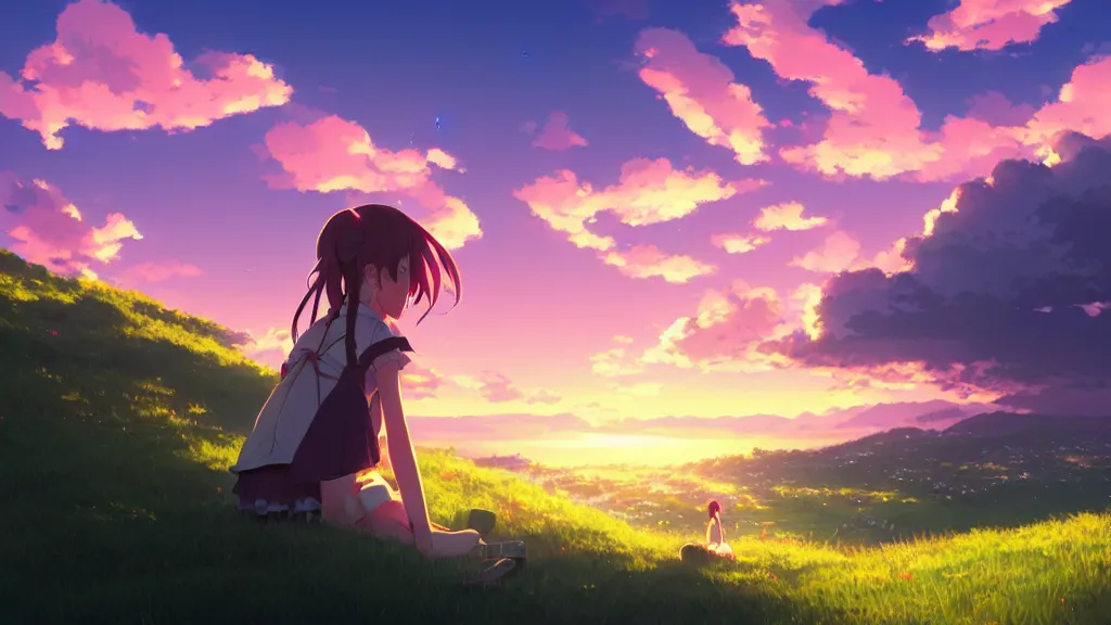 Anime scenery, sunset, anime school girl, clouds, artwork, Anime