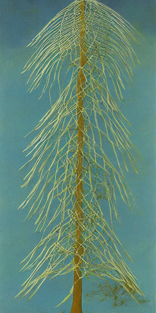 Prompt: art by abbott fuller graves of a giant beautiful tree, diatoms, diatom leaves