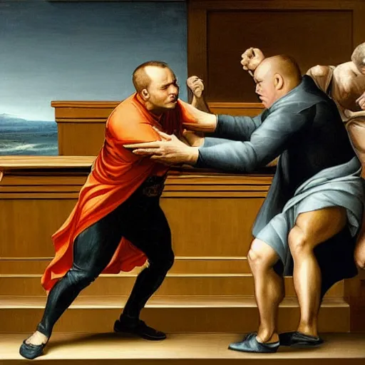 Image similar to alex jones fighting alex jones in a courtroom, golden ratio, renaissance painting,