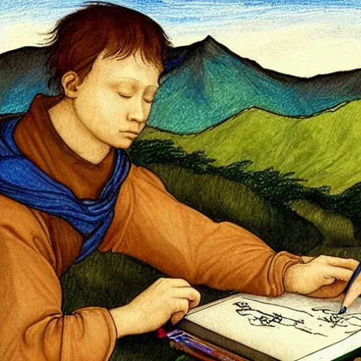 Image similar to brunette boy with his eyes closed, drawing sketches on his notebook, colorful painting, elegant, clear, in the style of leonardo da vinci, mountains in the background, masterpiece,