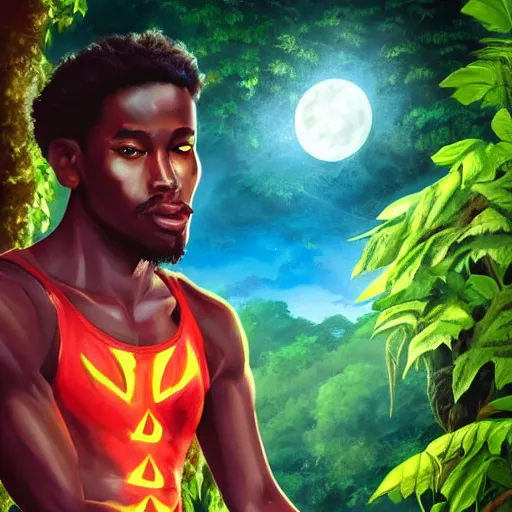 Image similar to black young man, one legged, fit, with red hood, yellow eyes, smoking a pipe, rastafari hair, red shorts, bare foot, Amazon rainforest background, crescent moon, river, art by artgerm, photo realistic, magical aura, cool pose