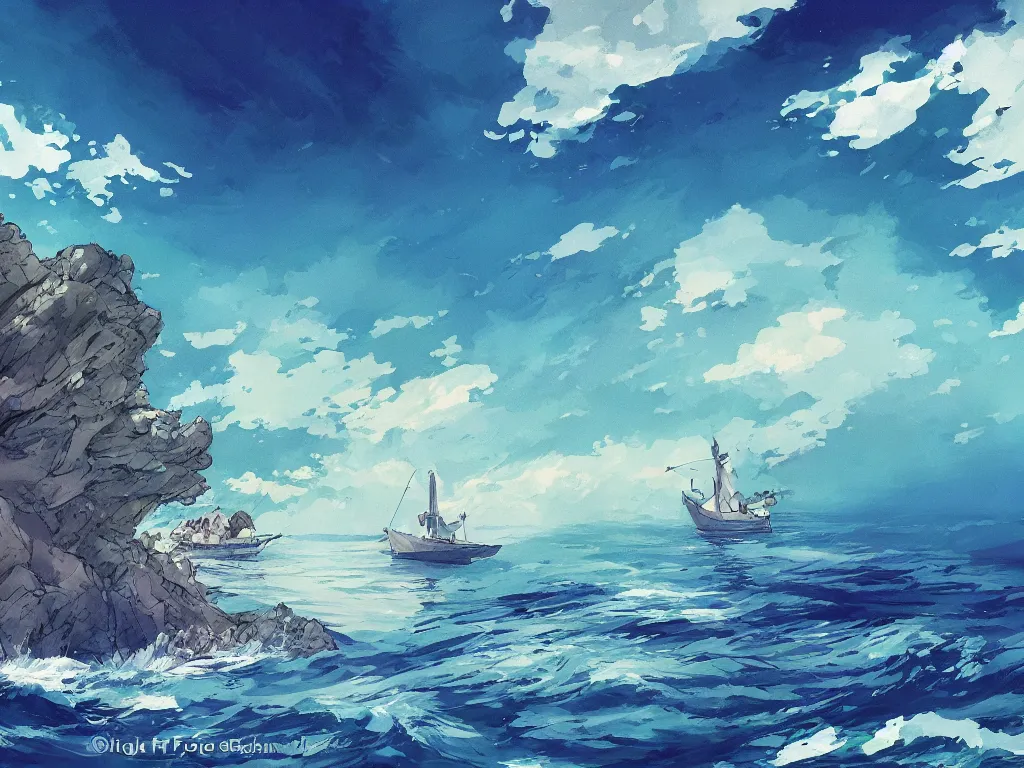 Image similar to sharp focus, breath taking beautiful, Aesthetically pleasing, gouache sea and boats, digital concept art background by Hayao Miyazaki and Studio Ghibli, fine art, official media, high definition, illustration, ambient lighting, HDR, HD, UHD, 4K, 8K, cinematic, high quality scan, award winning, trending, featured, masterful, dynamic, energetic, lively, elegant, intricate, complex, highly detailed, Richly textured, Rich vivid Color, masterpiece.