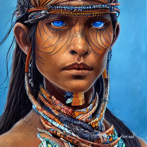 Image similar to highly detailed painting of a tribal warrior goddess woman, maldivian, blue eyes, high fantasy art by jon foster trending on arstation