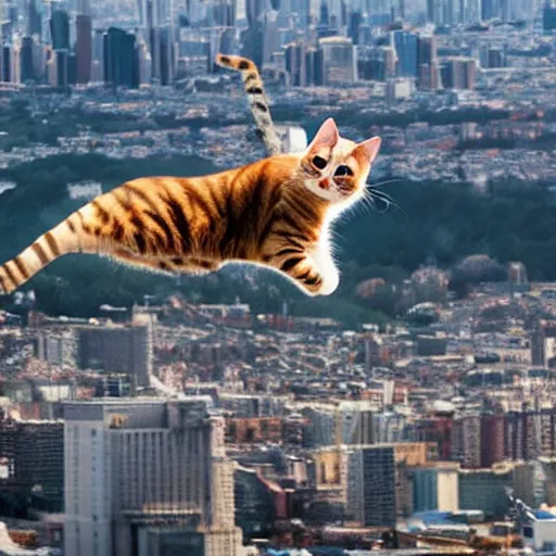 Image similar to cat flying over the city on a skateboard