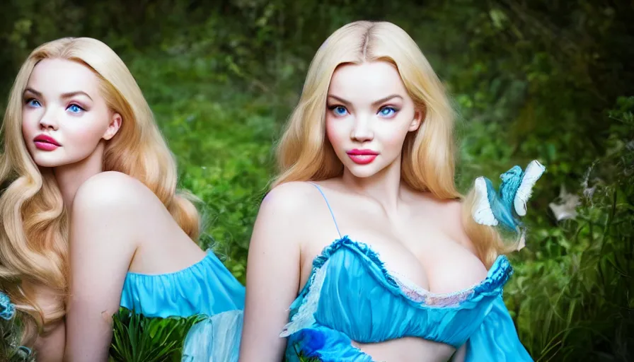 Prompt: beautiful portrait of a young woman with a gorgeous face and perfect body who is a perfect blend of kate upton and dove cameron dressed like disneys alice in wonderland and rolling hard on ecstasy and peaking on pure molly, pupils dilated, euphoric and bewildered, through the looking glass, photography, high definition, 8 k resolution, retouched, glamour by