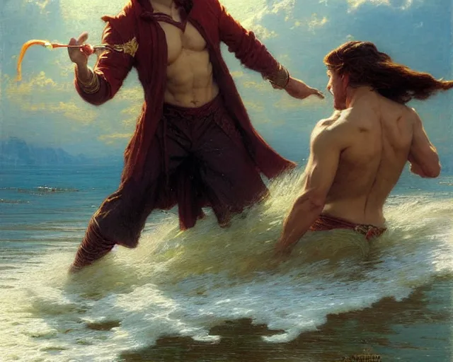 Image similar to attractive male wizard casting powerful tsunami wave spell in a beautiful lake. highly detailed painting by gaston bussiere, craig mullins, j. c. leyendecker 8 k