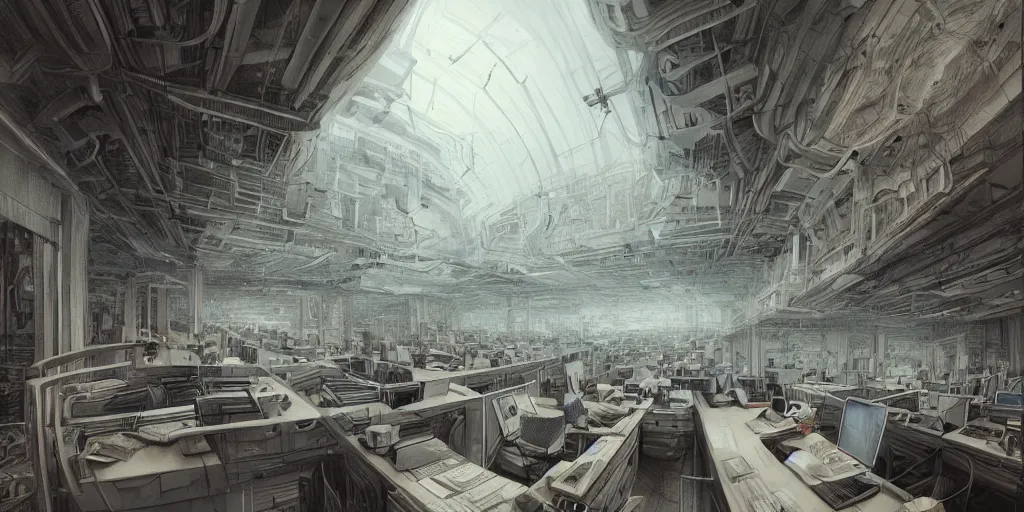 Image similar to endless office by alan lee, intricate, highly detailed, digital painting, artstation, concept art, smooth, sharp focus, illustration, vfx