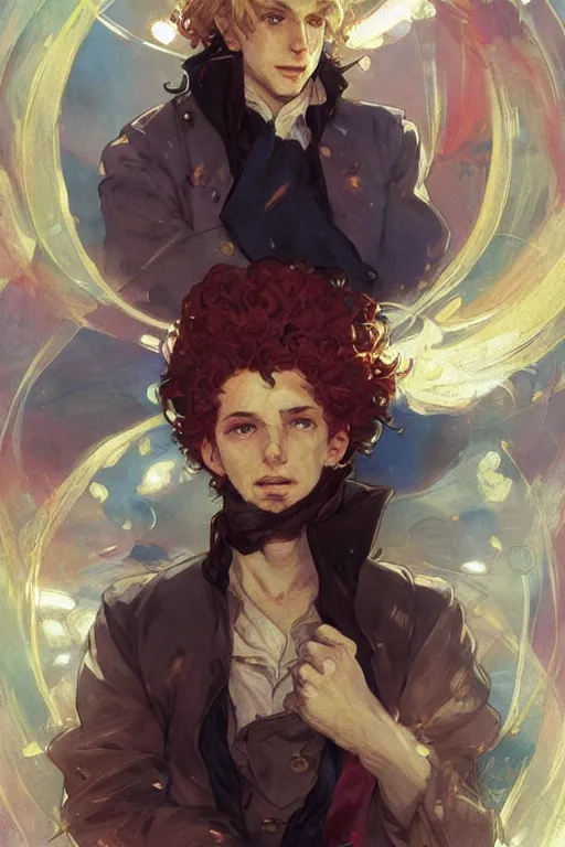 Prompt: enjolras, les miserables, ray of light, shimmering and prismatic, rococo, by krenz cushart and mucha and monet, trending on artstation.