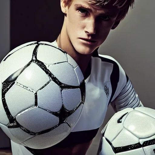 Image similar to a realistic detailed photo of a guy who is an attractive humanoid who is half robot and half humanoid, who is a male android, soccer player martin ødegaard, shiny skin, posing like a statue, blank stare, in a living room, on display