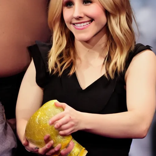 Image similar to photograph of me grabbing kristen bell's fat chubby belly, her belly is fat and round, 8 k, sharp, detailed