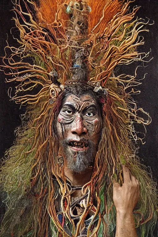 Prompt: a high hyper - detailed painting with complex textures, of an oriental shaman with tangled hair and a terrifying mask, wears a tunic vs. barefoot and has a cane, he is performing a ritual to access the world of imagination and dreams, cosmic horror spiritual visionsrio psicodelico weird bizarre art