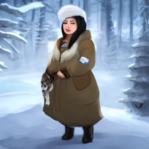 Image similar to a young inuit woman with chubby cheeks. she's wearing a winter coat and has a pet dog standing beside her. artstation, character concept, sharp focus