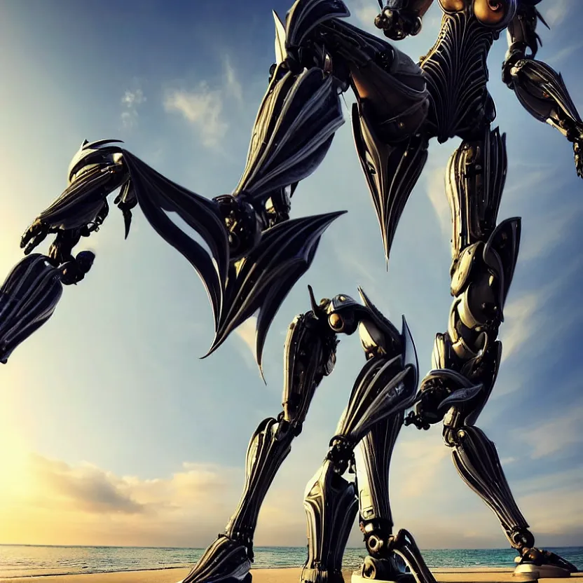 Image similar to looking up at a highly detailed 300 foot tall giant exquisite beautiful stunning valkyr female warframe, as an anthropomorphic robot dragon, posing elegantly over your tiny form, detailed legs looming over you, camera on the ground, at the beach on a sunset, sleek streamlined design, streamlined matte black armor, sharp detailed claws, detailed sharp robot dragon feet, worms eye view, giantess shot, upward shot, ground view shot, leg shot, front shot, epic cinematic shot, high quality warframe fanart, captura, realistic, professional digital art, high end digital art, furry art, giantess art, anthro art, DeviantArt, artstation, Furaffinity, 8k HD render, epic lighting