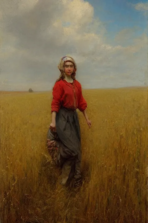Prompt: Solomon Joseph Solomon and Richard Schmid and Jeremy Lipking victorian genre painting full length portrait painting of a young cottagecore walking in an open field of wheat, red background