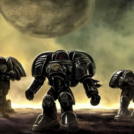 Image similar to dark angels chapter space marine terminator squad fighting a gigantic insectoid alien, 4 k, octane render, extremely detailed, martian landscape