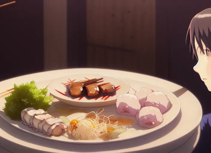 Prompt: a film still portrait of a plate with japanese food yakitori, finely detailed features, closeup at the food, perfect art, at a dinner table, gapmoe yandere grimdark, trending on pixiv fanbox, painted by greg rutkowski makoto shinkai takashi takeuchi studio ghibli, akihiko yoshida