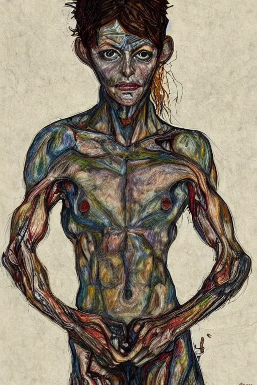 Prompt: a full body character with lifted arms in style of herakut and egon schiele, masterpiece, centered, hyperdetailed, complex, intricate, veiled, 4 k, dynamic!! trending on artstation,