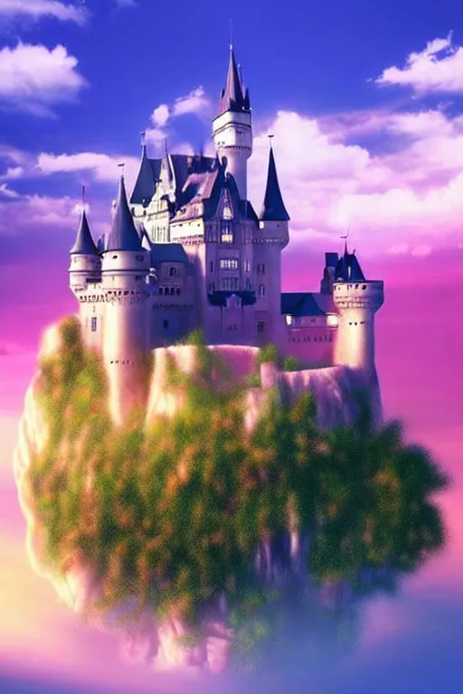 Image similar to beatiful castle in the clouds, romantic, atmospheric, wide shot, vaporwave colors