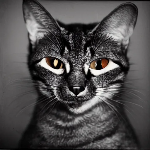 Prompt: vampire tabby cat “ irving penn ” portrait