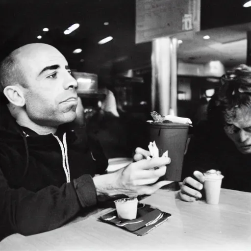 Image similar to joe rogan eating at a macdonalds restaurant, black and white photo by dianne arbus