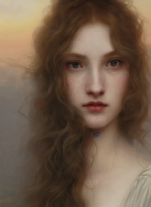 Prompt: oil painting close up portrait of a contemplative young irish woman with long redhead flowing hair in a dress made of white roses!! at sunset, hazy, digital art, chiaroscuro, artstation, cinematic, golden hour, digital art painting by greg rutkowski, william - adolphe bouguereau, foggy atmosphere, cinematic lighting