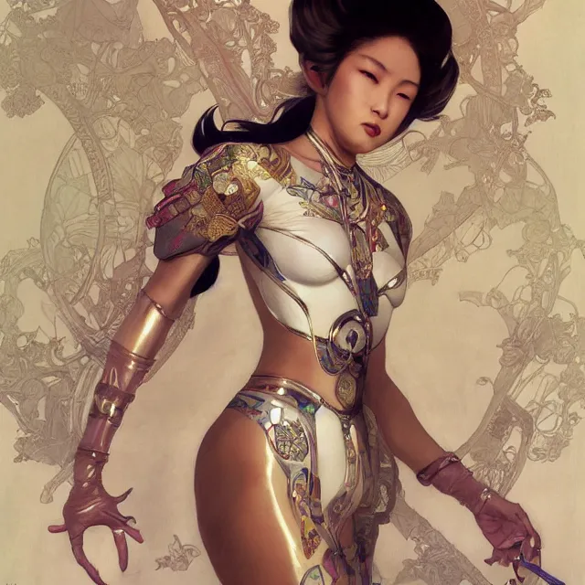 Image similar to asian domme mistress, full body, dominatrix, tribal, smooth white tight clothes suit, ornate, very beautiful, concept art, realistic painting, androgynous, afrofuturism, daz 3 d, cinematic, cgsociety, digital art by greg rutkowski, by alphonse mucha
