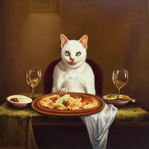 Prompt: cat eating dinner alone, Rococo oil painting